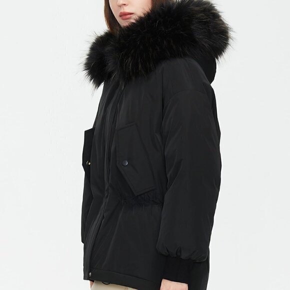 Black Preppy Womens Flap Pocket Hooded Parka Coat - Picture 2 of 3